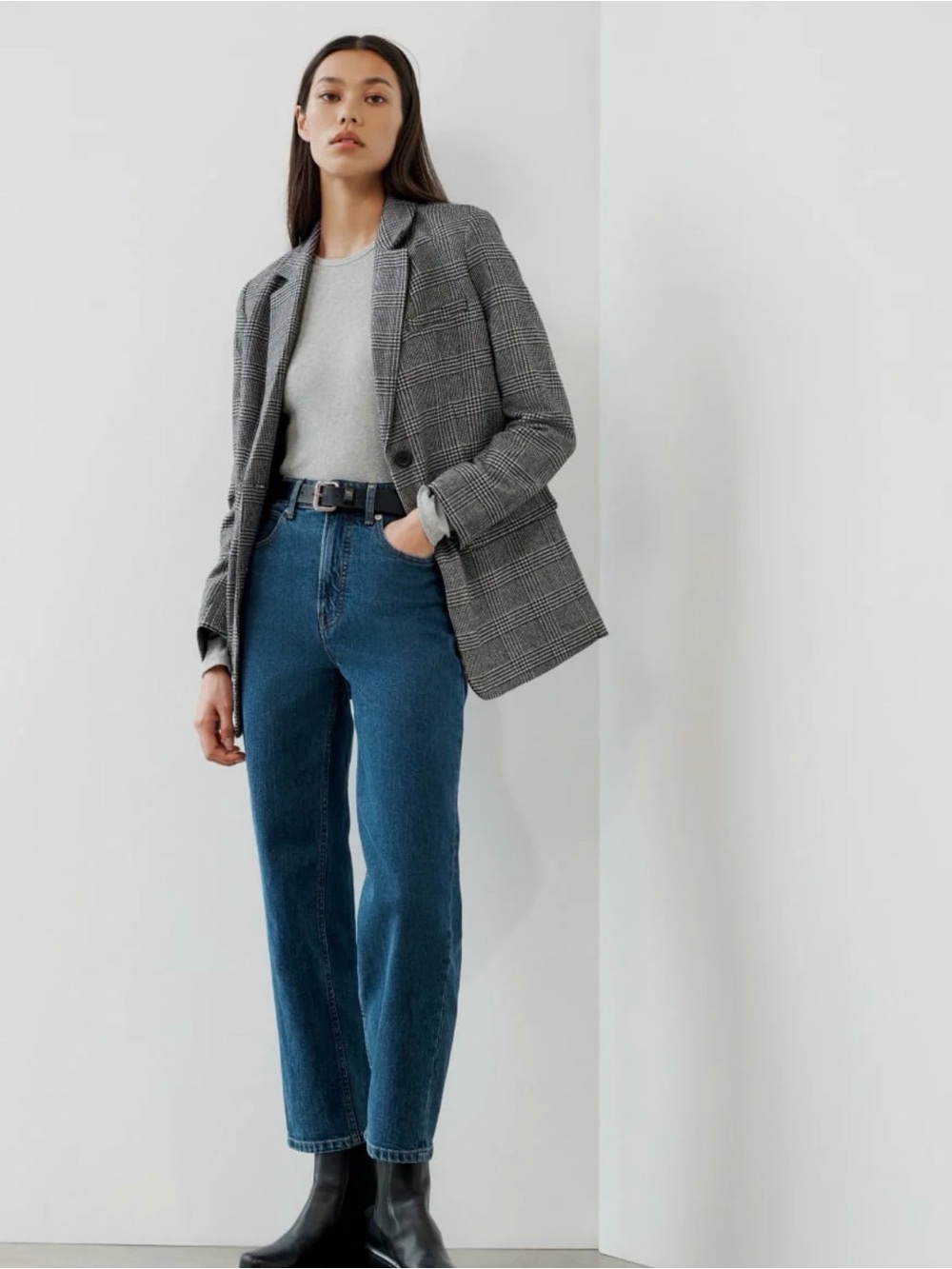 Everlane Gray Glen Plaid Double-Breasted Blazer